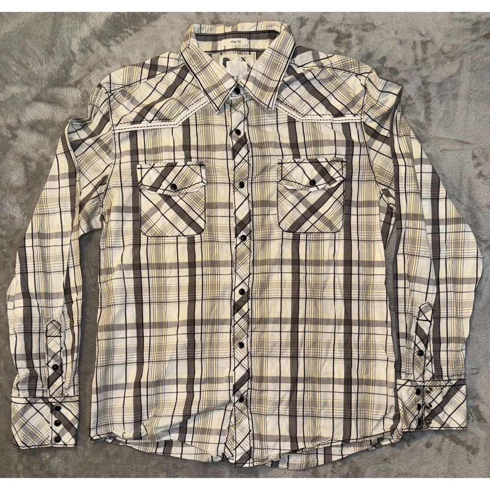 BKE Western Shirt Mens XL Rodeo Pearl Snap Cowboy Ranch Beige Plaid‎ Slim Fit